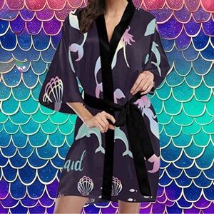 Women's Deep Putple Mermaid Print Robe w/Black Trim Tie & Mermazing Silhouettes